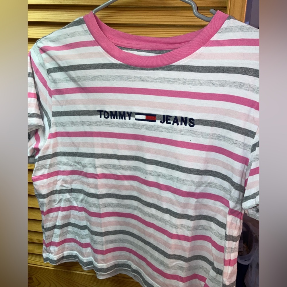 Tommy Jeans Crop Top Pink and White Stripes, Size Medium